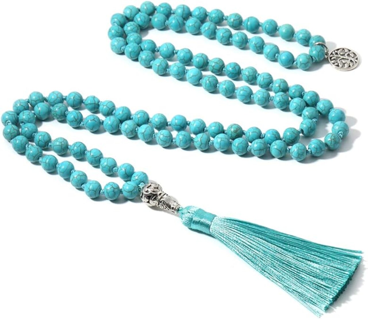 108 Mala Beads Necklace Semi-Precious Gem Stones Meditation Necklace 108 Hand Knotted Japa Mala Beaded Tassel Necklace with Tree of Life Pendant